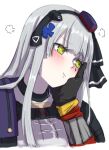  2girls =3 aoi_(aoisaka) bangs black_gloves blush closed_mouth facial_mark girls_frontline gloves green_eyes grey_hair hair_ornament hand_on_another&#039;s_cheek hand_on_another&#039;s_face hat hk416_(girls_frontline) long_hair mini_hat mod3_(girls_frontline) multiple_girls pout simple_background solo_focus ump45_(girls_frontline) white_background 