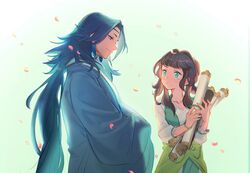  1boy 1girl aqua_eyes bangs black_hair blue_eyes blue_hair blush bracelet earrings gradient gradient_background green_background holding holding_scroll jewelry lanxi_zhen laojun_(the_legend_of_luoxiaohei) li_qingning_(the_legend_of_luoxiaohei) long_hair petals scroll suncle the_legend_of_luo_xiaohei very_long_hair 