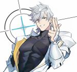  1boy armor blue_eyes eyebrows_behind_hair fate/grand_order fate_(series) finger_gun lalatia-meai large_pectorals looking_at_viewer male_focus muscular muscular_male pectorals percival_(fate) short_hair shoulder_armor simple_background smile solo upper_body weapon white_background white_hair 