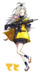  1girl gun highres jacket kototsuki_teto long_hair mouu_(dsfe8574) orange_eyes rev. silver_hair smile virtual_youtuber weapon 
