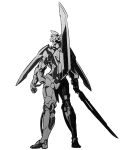  absurdres clenched_hand dann_of_thursday from_behind greyscale gunxsword highres holding holding_sword holding_weapon ishiyumi looking_to_the_side mecha monochrome science_fiction solo sword weapon white_background 