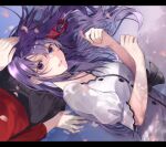  2girls arm_support bangs black_skirt blue_eyes breasts commentary_request dress fate/stay_night fate_(series) from_above hair_between_eyes hair_ribbon large_breasts letterboxed long_hair long_sleeves matou_sakura multiple_girls parted_lips pillarboxed purple_hair red_ribbon red_sweater ribbon shimatori_(sanyyyy) skirt smile solo_focus sweater teeth tohsaka_rin violet_eyes 
