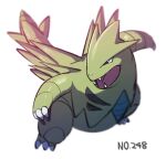  black_eyes blurry claws commentary_request fangs gen_2_pokemon looking_to_the_side morio_(poke_orio) no_humans number open_mouth pokedex_number pokemon pokemon_(creature) simple_background solo standing tongue tyranitar white_background 