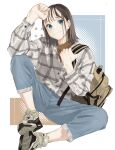  1girl absurdres arm_up backpack bag bangs blue_eyes blue_pants blush brown_bag brown_hair full_body grey_shirt highres knee_up long_sleeves looking_at_viewer medium_hair original pants plaid plaid_shirt shadow shirt shoes sitting smile solo un_(un0044) 