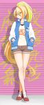  1girl blonde_hair breasts brown_eyes brown_shorts collarbone crossed_legs eyebrows_visible_through_hair green_hair hair_over_one_eye hands_in_pockets head_tilt highres jacket letterman_jacket long_hair medium_breasts multicolored_hair nikaidou_saki orange_hair red_footwear shirt shorts solo standing streaked_hair umino_haruka_(harukaumino6) very_long_hair yellow_shirt zombie_land_saga 