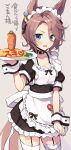  1girl alternate_costume animal_ears apron beige_background black_bow blue_eyes bow breasts character_request collar collarbone ear_ribbon enmaided food food_writing frilled_apron frills garter_straps holding holding_plate horse_ears horse_girl horse_tail horseshoe ketchup light_brown_hair maid maid_apron maid_headdress odawara_hakone omurice plate pulled_by_self short_sleeves skirt skirt_tug small_breasts sweat tail thigh-highs translation_request umamusume waist_apron white_apron white_legwear wrist_cuffs 