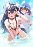  2girls ;d absurdres animal_ear_fluff animal_ears animal_hat arm_support bikini black_hair blush cat_hat dual_persona flipped_hair hair_ornament hairclip hat highres hololive long_hair looking_at_viewer multicolored_hair multiple_girls ocean one_eye_closed ookami_mio open_mouth orange_eyes redhead sidelocks smile streaked_hair swimsuit taiga_(ookami_mio) tail v_over_eye virtual_youtuber wappa wolf_ears wolf_girl wolf_tail younger 