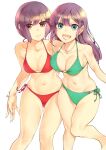  2girls :d bangs bikini blue_eyes blush bob_cut bracelet breasts collarbone earrings expressionless eyebrows_visible_through_hair green_bikini halterneck hand_on_another&#039;s_back highres hoop_earrings inaba_makoto jewelry long_hair looking_at_viewer medium_breasts multi-strapped_bikini multiple_girls navel necklace open_mouth original red_bikini short_hair side-by-side side-tie_bikini simple_background smile standing swimsuit 
