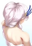  1girl back bare_back commentary feather_hair_ornament feathers from_behind hair_behind_ear hair_ornament haryudanto holding holding_hair hololive hololive_indonesia indonesian_commentary long_hair naked_towel pavolia_reine silver_hair solo towel upper_body virtual_youtuber 