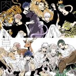  4boys animal arm_up black_background black_eyes black_hair black_shirt blue_eyes brown_hair closed_mouth cowboy_shot deer fushiguro_megumi gojou_satoru green_hair holding holding_eyewear horse itadori_yuuji jujutsu_kaisen leopard line_line lion long_sleeves looking_at_viewer multiple_boys multiple_views okkotsu_yuuta pants parted_lips rabbit round_eyewear scar scar_on_face sheep shirt sitting smile spiky_hair sunglasses tiger white_background white_hair white_pants white_shirt yellow_eyes 