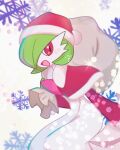  1girl bangs blush bob_cut capelet christmas clothed_pokemon colored_skin commentary_request from_side fur-trimmed_capelet fur-trimmed_headwear fur_trim gardevoir gen_3_pokemon green_hair green_skin hair_over_one_eye hand_up happy hat holding holding_sack jpeg_artifacts leaning_forward looking_at_viewer multicolored multicolored_skin open_mouth pokemon pokemon_(creature) pom_pom_(clothes) red_capelet red_eyes red_headwear red_sleeves ronen sack santa_hat short_hair smile snowflake_background solo standing two-tone_skin white_background white_skin 