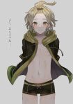  1boy akitama2727 arms_behind_back bangs_pinned_back black_hoodie closed_mouth forehead green_eyes green_hair grey_background highres hood hoodie long_hair looking_at_viewer male_swimwear navel nipples open_clothes pinocchio_(sinoalice) short_hair short_sleeves simple_background sinoalice smile solo swim_trunks 