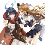  2girls :d :o alice_(sinoalice) alice_(sinoalice)_(cosplay) bangs blonde_hair blue_gloves blue_headwear blue_sky cosplay elbow_gloves gloves hair_between_eyes hands_on_another&#039;s_shoulders hat headband little_red_riding_hood_(sinoalice) little_red_riding_hood_(sinoalice)_(cosplay) long_hair long_sleeves looking_at_another multiple_girls navel ojo_aa open_mouth red_hood redhead short_hair short_sleeves sinoalice sky smile wavy_hair yellow_eyes 