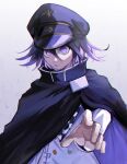  1boy absurdres bangs black_cape black_hair bojue_(hakus_1128) buttons cape checkered checkered_scarf dangan_ronpa_(series) dangan_ronpa_v3:_killing_harmony double-breasted gradient gradient_background grey_background hair_between_eyes hand_up hat highres jacket long_sleeves looking_at_viewer male_focus ouma_kokichi peaked_cap purple_hair scarf short_hair simple_background solo straitjacket upper_body violet_eyes 