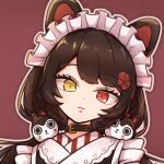  1girl animal_ears bangs black_collar brown_hair closed_mouth collar dog_ears dog_hair_ornament flower hair_flower hair_ornament head_tilt heterochromia inui_toko lace_trim long_hair looking_at_viewer low_twintails maid_headdress nijisanji outline pongari portrait red_background red_eyes red_flower simple_background solo striped twintails virtual_youtuber yellow_eyes 