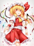  1girl bangs belt blonde_hair blush bow breasts collar crystal eyebrows_visible_through_hair eyes_visible_through_hair flandre_scarlet frills gradient gradient_background grey_background hair_between_eyes hat hat_ribbon highres looking_at_viewer marukyuu_ameya mob_cap multicolored multicolored_wings open_mouth petals ponytail puffy_short_sleeves puffy_sleeves red_eyes red_nails red_ribbon red_skirt red_vest ribbon shirt short_hair short_sleeves skirt small_breasts solo standing touhou vest white_background white_belt white_bow white_collar white_headwear white_shirt white_sleeves wings wrist_cuffs yellow_neckwear 