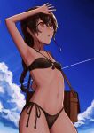  1girl bag bikini black_bikini blue_sky braid brown_hair clouds condensation_trail cowboy_shot highres kantai_collection long_hair messenger_bag o-ring o-ring_bikini o-ring_top open_clothes orange_eyes owada_(kousonhuchi) shading_eyes shoulder_bag side-tie_bikini single_braid sky souya_(kancolle) swimsuit 