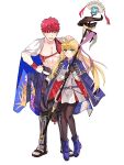  1boy 1girl absurdres ahoge appleale19 artoria_pendragon_(all) artoria_pendragon_(caster)_(fate) bangs belt blonde_hair blush boots cape cloak closed_eyes coat emiya_shirou eyebrows_visible_through_hair fate/grand_order fate_(series) full_body gloves green_eyes hand_on_another&#039;s_head hand_on_hip headpat highres holding holding_staff limited/zero_over pantyhose redhead ribbon sengo_muramasa_(fate) simple_background skirt smile staff sweatdrop white_background white_cape wristband 
