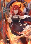  1girl alixstever arknights black_dress demon_girl demon_horns dress highres holding holding_weapon horns long_hair looking_at_viewer redhead slit_pupils surtr_(arknights) sword thigh-highs violet_eyes weapon 