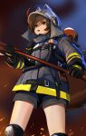  1girl agwing86 animal_ears_helmet arknights axe black_gloves black_jacket brown_eyes brown_hair fire fire_axe fire_helmet fire_jacket firefighter gloves highres jacket knee_pads open_mouth oxygen_tank shaw_(arknights) short_hair shorts solo squirrel_girl squirrel_tail tail 