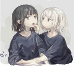  2girls arm_grab black_hair expressionless finger_in_another&#039;s_mouth highres multiple_girls open_mouth original roisa short_hair sketch sweatdrop upper_body white_hair yuri 