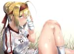  1girl absurdres ahoge bangs blonde_hair blush bottle braid breasts fate/extra fate/grand_order fate_(series) french_braid green_eyes gym_shirt hair_bun hair_intakes hair_ribbon highres knee_up large_breasts long_hair looking_at_viewer name_tag nero_claudius_(fate) olympian_bloomers red_ribbon ribbon shirt short_sleeves sitting solo thighs uno_ryoku water_bottle white_shirt 