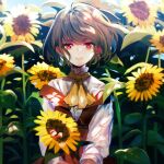 1girl acetylene-lamp adapted_costume ascot backlighting bangs belt blue_sky blurry blurry_background blush brown_belt closed_mouth commentary_request dappled_sunlight day dress eyebrows_visible_through_hair flower garden_of_the_sun green_hair hair_between_eyes highres holding holding_flower kazami_yuuka light_particles light_smile lips long_sleeves looking_at_viewer off-shoulder_dress off_shoulder red_dress red_eyes revision shiny shiny_hair shirt sky solo sunflower sunlight touhou turtleneck wavy_hair white_shirt wind yellow_neckwear 