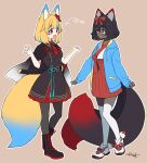  2girls :d absurdres animal_ear_fluff animal_ears aqua_hair aqua_ribbon arrow_(symbol) belt black_belt black_capelet black_footwear black_hair black_legwear black_tail blonde_hair blue_hoodie boots brown_background buttons capelet cosplay costume_switch cross-laced_footwear dark-skinned_female dark_skin double-breasted drawstring eye_contact eyebrows_visible_through_hair flower full_body hair_between_eyes hair_flower hair_ornament hair_ribbon hakama hands_up highres hood hood_down hoodie indie_virtual_youtuber japanese_clothes katana light_blush long_sleeves looking_at_another medium_hair military military_uniform multicolored multicolored_hair multicolored_tail multiple_girls multiple_tails necktie open_clothes open_hoodie open_mouth outline pantyhose red_eyes red_flower red_hakama red_neckwear red_ribbon red_skirt red_tail ribbon sakura_chiyo_(konachi000) sakuraba_chiyo scabbard sheath sheathed shoes short_hair short_sleeves signature simple_background skirt sleeves_past_wrists smile sneakers standing streaked_hair sword tail tassel thigh-highs two_tails uniform very_dark_skin virtual_youtuber weapon white_footwear white_legwear white_outline wing_collar yamano_kayo yellow_eyes 