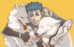  1boy 2others animal blue_hair bracelet closed_mouth cu_chulainn_(caster)_(fate) cu_chulainn_(fate)_(all) dog earrings fangs fate/grand_order fate_(series) fur-trimmed_hood fur_trim grin hood hood_down jewelry long_hair looking_at_viewer male_focus multiple_earrings multiple_others multiple_piercings red_eyes shibanui simple_background smile solo spiky_hair vambraces white_wolf wolf 