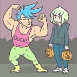  2boys :3 ahoge arms_at_sides black_hoodie blue_hair blue_pants boots closed_eyes closed_mouth clothes_writing denim english_commentary flexing galo_thymos green_hair green_pants headphones holding_jack-o&#039;-lantern hood hoodie jack-o&#039;-lantern jeans lio_fotia long_sleeves looking_at_viewer meme multiple_boys muscular nike pants pink_tank_top pose promare short_hair standing tank_top trick_or_treat truffleduster virgin_vs_chad white_footwear yellow_footwear 