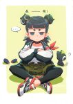  ... 2boys bangs black_cat black_hair black_legwear blunt_bangs camouflage camouflage_shorts cat crossed_arms full_body highres jacket legwear_under_shorts looking_at_viewer luoxiaohei multiple_boys nezha_(the_legend_of_luoxiaohei) shadow shirt_tucked_in shoes shorts simple_background sitting speech_bubble spoken_ellipsis suncle the_legend_of_luo_xiaohei twitter_username yellow_background 