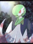  1girl bangs blurry blurry_background bob_cut colored_skin commentary_request flat_chest gardevoir gen_3_pokemon green_hair green_skin hair_over_one_eye hands_together hands_up highres letterboxed looking_at_viewer multicolored multicolored_skin open_mouth outdoors pokemon pokemon_(creature) red_eyes ronen short_hair solo standing tree two-tone_skin white_skin 