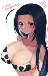  1girl ahoge animal_print bikini blue_hair breasts collarbone commentary_request cow_print dated happy_birthday highres idolmaster idolmaster_(classic) konboi-eg large_breasts long_hair looking_at_viewer miura_azusa print_bikini red_eyes simple_background solo swimsuit upper_body white_background white_bikini 