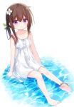  1girl anklet bangs bare_arms bare_shoulders barefoot blush brown_hair closed_mouth collarbone dress eyebrows_visible_through_hair flower full_body hair_between_eyes hair_flower hair_ornament hairclip jewelry long_hair original shallow_water shiho_(yuuhagi_(amaretto-no-natsu)) sitting sleeveless sleeveless_dress soles solo strap_slip violet_eyes water wavy_mouth white_background white_dress white_flower yuuhagi_(amaretto-no-natsu) 