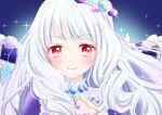  1girl aikatsu!_(series) aikatsu_stars! bangs blue_background blush eyebrows_visible_through_hair flower hair_flower hair_ornament jewelry long_hair looking_at_viewer necklace red_eyes shirogane_lilly smile solo sparkle tiramisu651 white_hair 