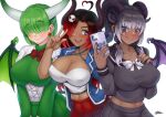  3girls ahoge bangs black_nails blush bow bowtie breasts cellphone collarbone commentary commission covered_nipples cowboy_shot dark-skinned_female dark_skin demon_girl demon_horns demon_wings drop_shadow earrings eyebrows_visible_through_hair freckles gaothun gradient gradient_background green_hair green_skirt green_wings grey_hair grey_shirt hair_ornament hair_over_eyes heart_ahoge horns jewelry large_breasts long_hair looking_at_viewer multiple_girls nail_polish navel open_mouth original phone pink_eyes pleated_skirt ponytail red_bow redhead sailor_collar selfie shirt short_hair skirt skull_hair_ornament smartphone smile v w wings 