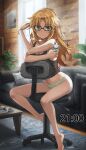  1girl bangs black_tank_top blonde_hair blush braid breasts chair digital_media_player earphones eyebrows eyebrows_visible_through_hair fate/apocrypha fate_(series) feet french_braid glasses green_eyes green_panties hair_down highres legs legs_apart long_hair looking_at_viewer mordred_(fate) mordred_(fate)_(all) panties parted_bangs sidelocks sitting small_breasts smile solo tank_top thighs tonee underwear 