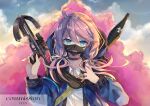  1girl ahoge arknights bangs between_fingers black_choker blue_eyes blue_jacket blue_poison_(arknights) blurry bow_(weapon) bowgun choker collared_shirt commission english_commentary goggles gun holding holding_dart holding_gun holding_weapon hood hood_up hooded_jacket jacket long_hair long_sleeves looking_at_viewer low_twintails mask mouth_hold open_clothes open_jacket pink_hair radiation_symbol rocket_launcher shirt solo twintails upper_body venn_(vebonbon) weapon weapon_on_back white_shirt 