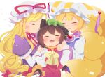  3girls :3 :d animal_ears bangs blonde_hair blush bow brown_hair cat_ears cat_tail chen choker closed_eyes closed_mouth commentary_request dress elbow_gloves eyebrows_visible_through_hair fang fox_ears fox_tail frills gloves gold_trim green_headwear hair_bow hair_ribbon hat hat_ribbon highres ibaraki_natou long_hair long_sleeves mob_cap multiple_girls multiple_tails nekomata no_lineart open_mouth parted_lips pillow_hat puffy_short_sleeves puffy_sleeves purple_dress red_bow red_choker red_dress red_ribbon ribbon ribbon_choker short_hair short_sleeves signature simple_background smile tabard tail touhou tress_ribbon two_tails upper_body very_long_hair white_background white_dress white_headwear wide_sleeves yakumo_ran yakumo_yukari yellow_bow yellow_neckwear 