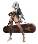  1girl alternate_costume bangs bell blue_hair breasts clothing_cutout corset eula_(genshin_impact) eyebrows_visible_through_hair eyyy full_body genshin_impact hand_on_hip high_heels leotard long_hair navel navel_cutout parted_lips side-tie_peek simple_background single_thighhigh solo standing thigh-highs thigh_strap thighs vision_(genshin_impact) white_background white_footwear yellow_eyes 