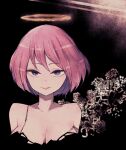  1girl black_background blue_eyes bob_cut bra_strap breasts bright_pupils closed_mouth copyright_request halo highres lamb-oic029 large_breasts looking_at_viewer pink_hair short_hair smile solo strap_slip white_pupils 
