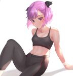  1girl bangs bare_shoulders black_bow black_pants black_sports_bra blush bow breasts collarbone eyebrows_visible_through_hair fate/grand_order fate_(series) hair_bow helena_blavatsky_(fate) highres looking_at_viewer navel otsukemono pants purple_hair short_hair sitting small_breasts solo sports_bra sweatband tight tight_pants violet_eyes yoga_pants 