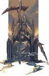  1boy beard bloodborne cape commentary crown emaciated english_commentary facial_hair highres holding holding_scythe jewelry long_hair male_focus martyr_logarius necklace robe scythe shimhaq sitting skeleton solo sword throne weapon 