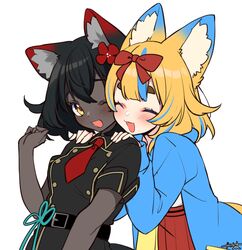  2girls :d ;d animal_ear_fluff animal_ears aqua_hair aqua_ribbon belt black_belt black_footwear black_hair black_legwear black_tail blonde_hair blue_hoodie blush buttons closed_eyes cowboy_shot dark-skinned_female dark_skin double-breasted drawstring eye_contact flower hair_between_eyes hair_flower hair_ornament hair_ribbon hakama hand_up hands_on_another&#039;s_shoulders hands_up hood hood_down hoodie indie_virtual_youtuber japanese_clothes katana light_blush long_sleeves looking_at_another medium_hair military military_uniform multicolored multicolored_hair multicolored_tail multiple_girls multiple_tails necktie one_eye_closed open_clothes open_hoodie open_mouth pantyhose red_flower red_hakama red_neckwear red_ribbon red_tail ribbon sakura_chiyo_(konachi000) sakuraba_chiyo scabbard sheath sheathed short_hair short_sleeves signature simple_background smile standing streaked_hair sword tail tassel thick_eyebrows thigh-highs two-tone_hair two_tails uniform very_dark_skin virtual_youtuber weapon white_background wing_collar yamano_kayo yellow_eyes 