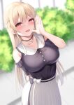  1girl arm_cutout bangs black_shirt blonde_hair blurry blurry_background blush bow breasts building bush buttons commentary cowboy_shot dutch_angle furen_e_lustario hair_between_eyes hand_up highres large_breasts long_hair looking_at_viewer nijisanji outdoors red_eyes shirt sidewalk skirt solo tatsumiya_kagari virtual_youtuber white_bow white_skirt 