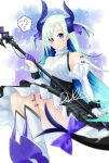  1girl asymmetrical_horns bare_shoulders black_skirt blue_hair boots brynhildr_(fate) commentary_request cosplay detached_sleeves elizabeth_bathory_(fate) elizabeth_bathory_(fate)_(all) elizabeth_bathory_(fate)_(cosplay) fate/grand_order fate_(series) hair_ribbon holding holding_polearm holding_weapon horns lapis429 light_smile long_hair polearm purple_ribbon ribbon shirt signature skirt solo spoken_sweatdrop sweatdrop tail very_long_hair violet_eyes weapon white_footwear white_shirt white_sleeves 