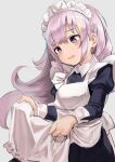  1girl absurdres apron apron_lift blush character_request copyright_request curtsey eyebrows_visible_through_hair haruyuki_(gffewuoutgblubh) highres long_hair maid maid_apron maid_headdress open_mouth pink_eyes pink_hair sidelocks simple_background solo white_background 
