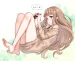  1girl :o bangs bare_shoulders barefoot black_shirt blonde_hair blush cellphone feet full_body hair_between_eyes holding holding_phone little_red_riding_hood_(sinoalice) long_hair long_sleeves open_mouth phone shirt sinoalice solo sweater teroru toes v-shaped_eyebrows yellow_eyes 
