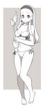  1girl bangs_pinned_back bare_legs barefoot bikini border breasts closed_mouth dragon_quest earrings full_body greyscale hairband highres holding holding_wand jewelry lamb-oic029 long_hair looking_at_viewer medium_breasts monochrome navel smile solo swimsuit toenails wand white_border 