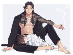  2boys abs akai_shuuichi arm_support arm_tattoo bangs barefoot black-framed_eyewear black_hair black_pants black_shirt blanket border brown_hair chest_tattoo child cigarette closed_eyes closed_mouth collarbone commentary_request dragon_tattoo edogawa_conan feet fingernails full_body glasses green_eyes highres holding holding_cigarette k_(gear_labo) knee_up light_blush long_hair long_sleeves looking_at_another looking_down lying male_focus meitantei_conan multiple_boys on_side open_clothes open_shirt outside_border pants parted_lips pectorals shirt short_hair sitting sleeping sleeping_on_person smile smoke smoking tattoo toenails toes toned toned_male white_border 